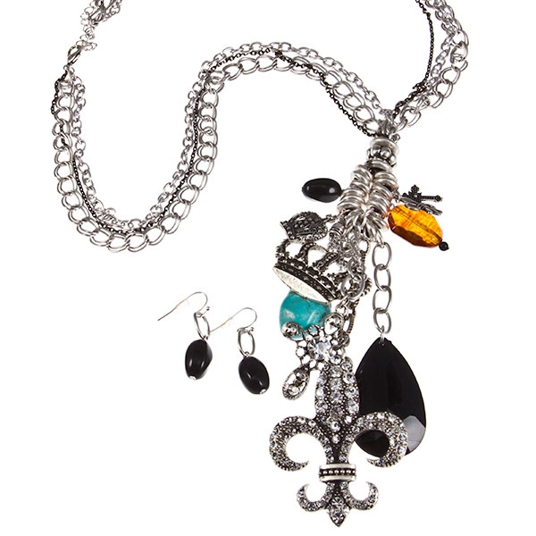 Wholesale heavy silver necklace earring set inches assorted dangling charms incl