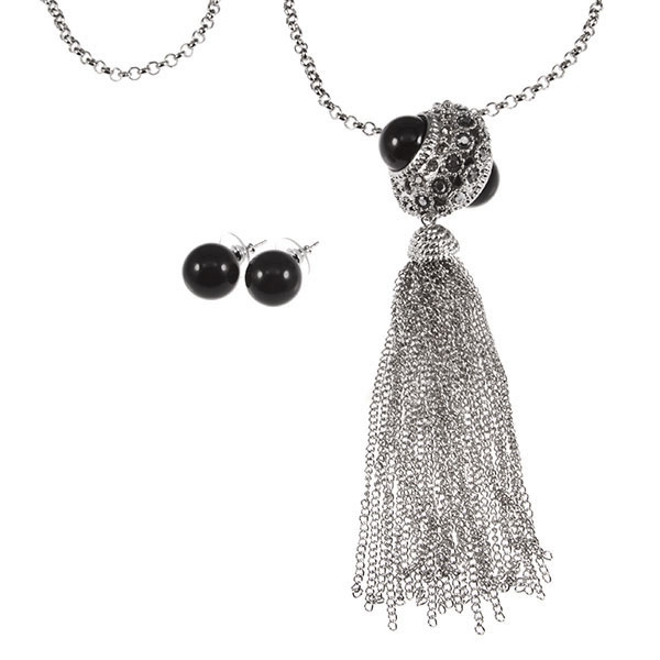 Wholesale silver chain necklace earring set crystal smokey rhinestone globe bla