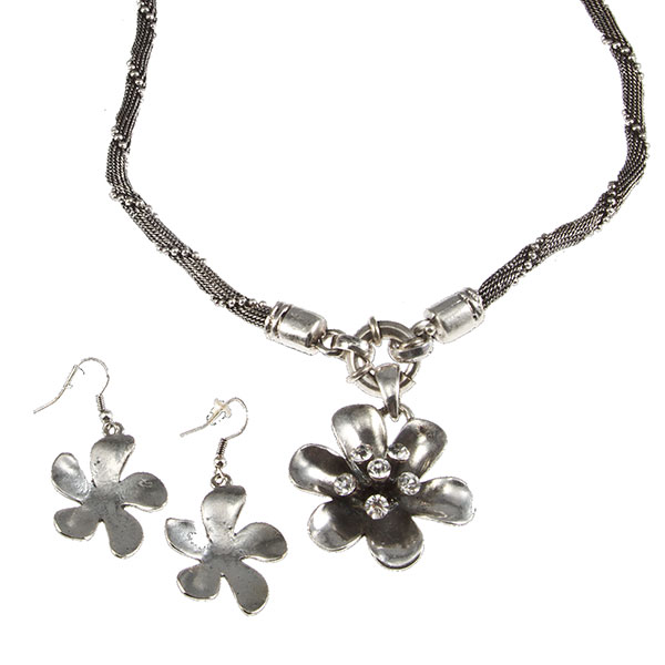Wholesale inch silver chain necklace earring set silver flowers crystal rhinest