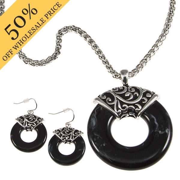 Wholesale silver chain necklace earring set inches black onyx ring medallion sil