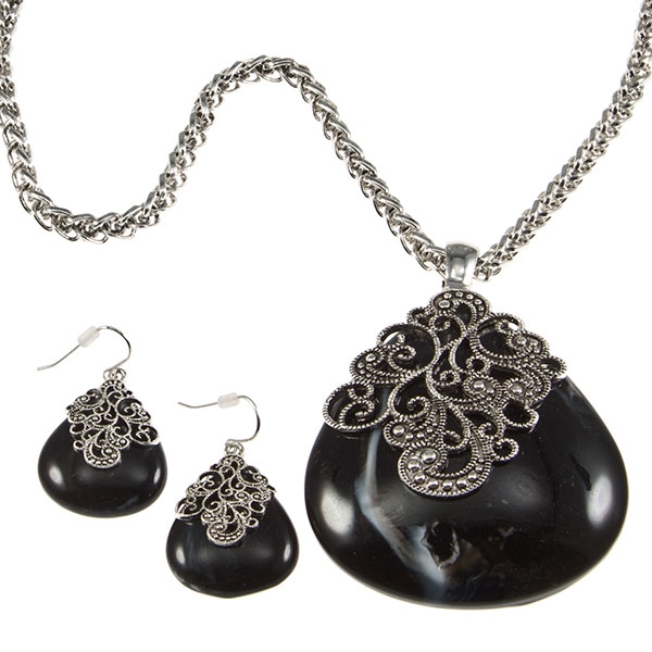 Wholesale silver chain necklace earring set inches inch black onyx layered silve