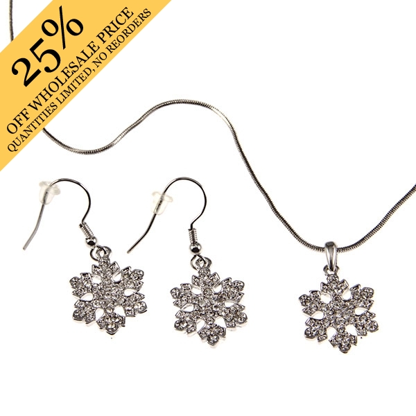 Wholesale necklace earring set delicate silver chain crystal rhinestone snowfla