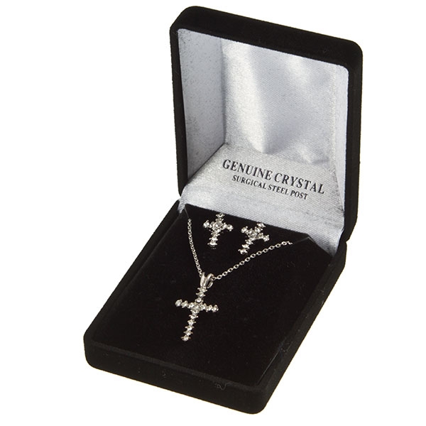 Wholesale silver necklace set clear crystal rhinestone cross includes jewelry b