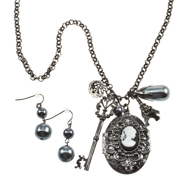 Wholesale gun metal chain necklace earring set inches assorted smokey pearl bead