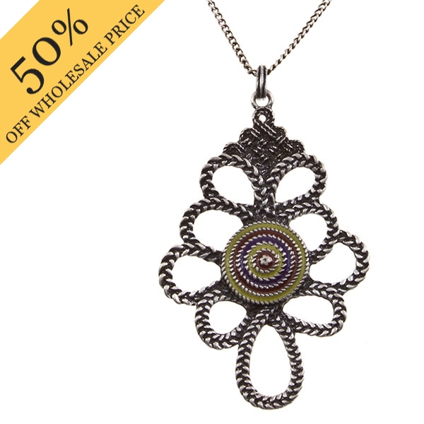 Wholesale silver chain necklace braided silver pendant center swirls chartreuse