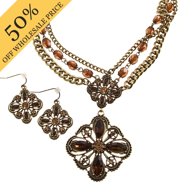 Wholesale gold chain necklace earring set faceted amber beads floral amber caboc