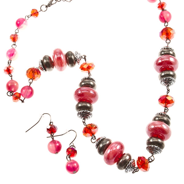 Wholesale necklace various red shaded beads czs Hook earrings have cz bead drop