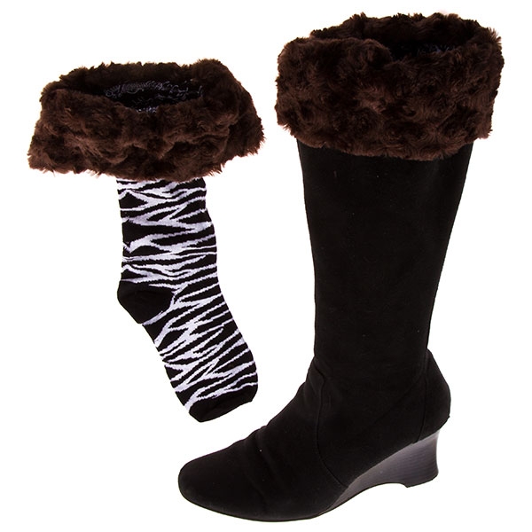 Wholesale bootleggers black zebra print boot socks topped chocolate fur cuff