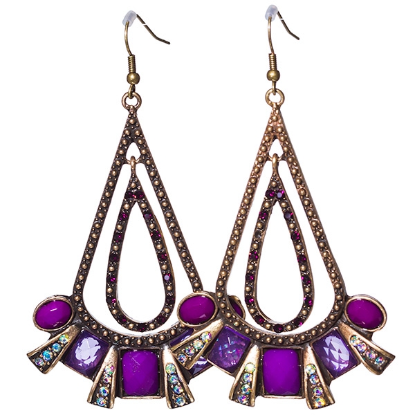 Wholesale antique gold chandelier earrings purple stones rhinestone accent