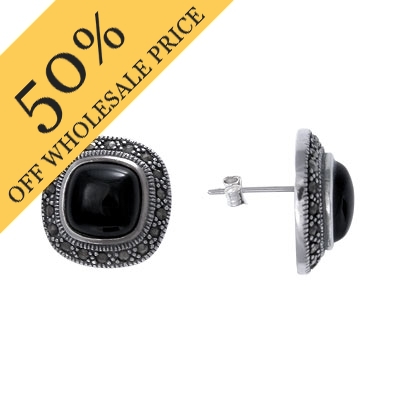 Wholesale sterling Silver Marquesite Earrings w Black Stone Approx L W H