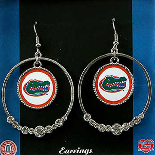 Wholesale polished Silver Hoop Earrings CZs Florida Gator Center Logo Textured S
