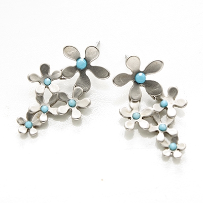 Wholesale matte Silver Floral Post Earrings Teal Centers Nickel Lead Free Earrin