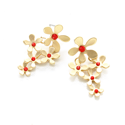 Wholesale matte Gold Floral Post Earrings Red Centers Nickel Lead Free Earrings