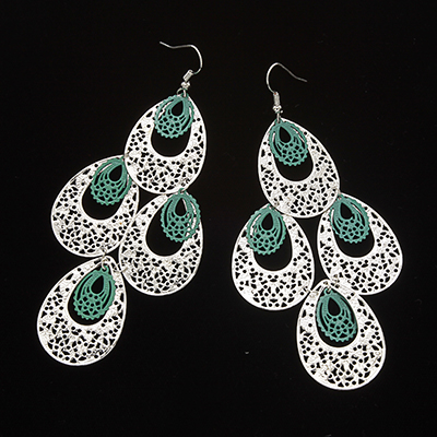 Wholesale filigree Tear Drop Dangle Earrings Polished Silver Green Accents Lead