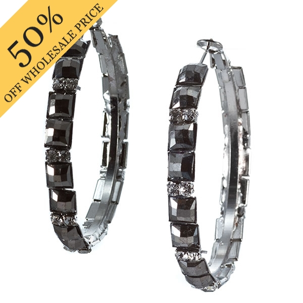 Wholesale classic dressy hoop polished silver studded square smokey rhinestones