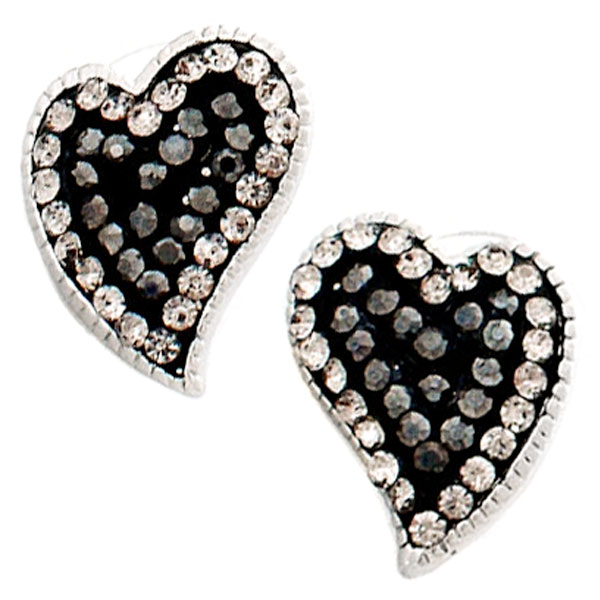 Wholesale heart earrings deep onyx rhinestones polished silver base Post Judson