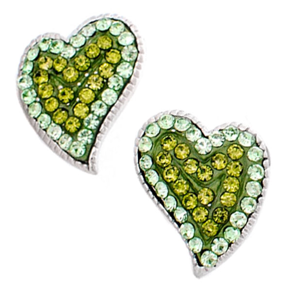 Wholesale heart earrings bright green rhinestones polished silver base Post Juds