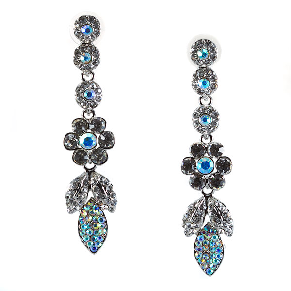 Wholesale dangling fashion earrings floral leaf motifs inset crystal opalescent