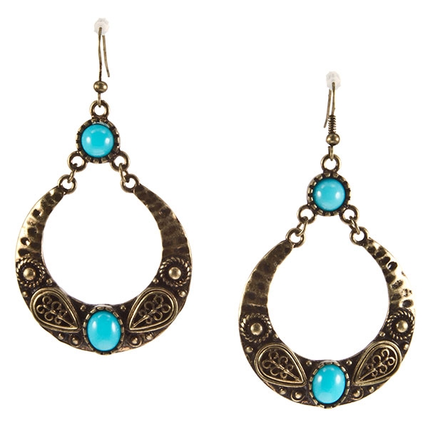 Wholesale hoop earrings hammered gold finish bas relief details turquoise caboch