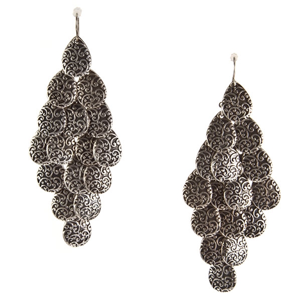 Wholesale dangling earrings dual bas relief cascading teardrops