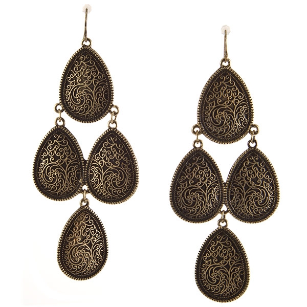 Wholesale teardrop cascading earrings antique gold finish bas relief