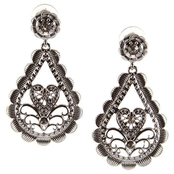 Wholesale silver earrings tear drop filigree heart center