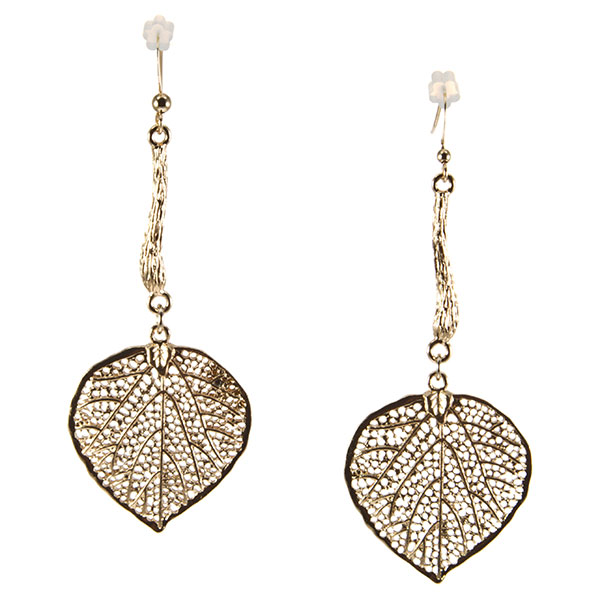 Wholesale gold filgree earrings dangling leaf branch motif