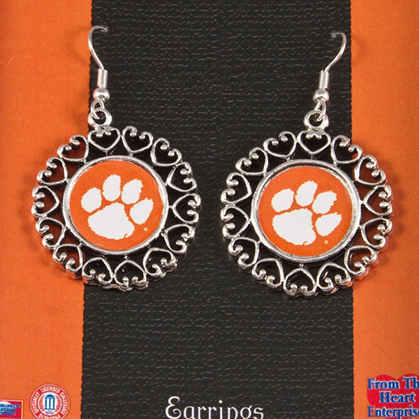 Wholesale clemson University earrings logo center circle framed connected filigr