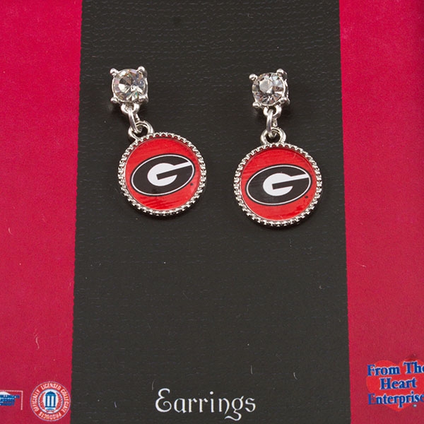 Wholesale inch silver toned earrings round Georgia logo dangling large crystal