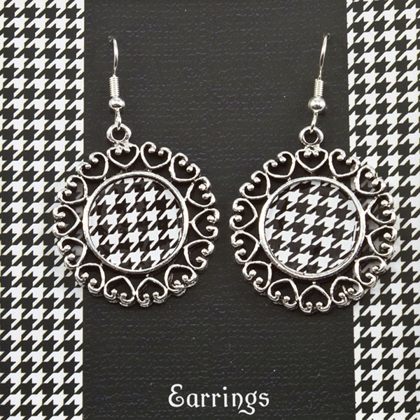 Wholesale inch silver toned earrings round houndstooth print center filigree he