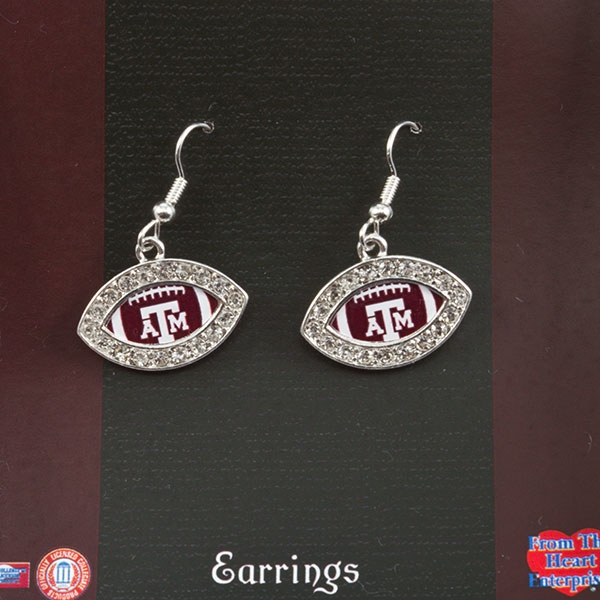 Wholesale silver football earrings crystal rhinestones Texas M logos
