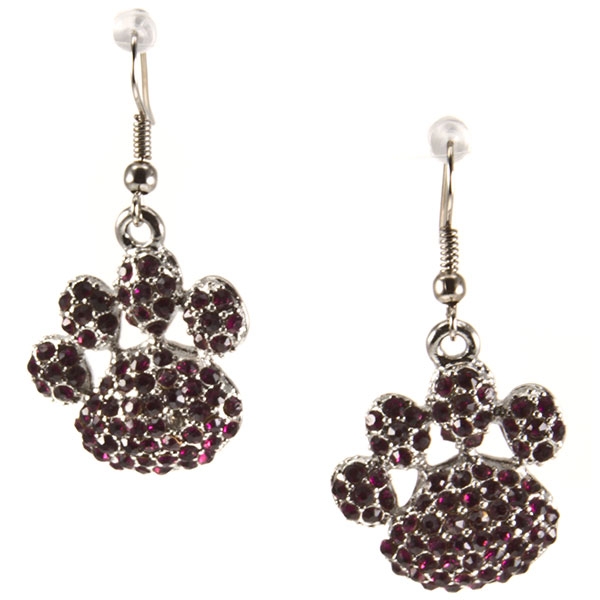 Wholesale inch silver toned paw print earrings covered purple rhinestones