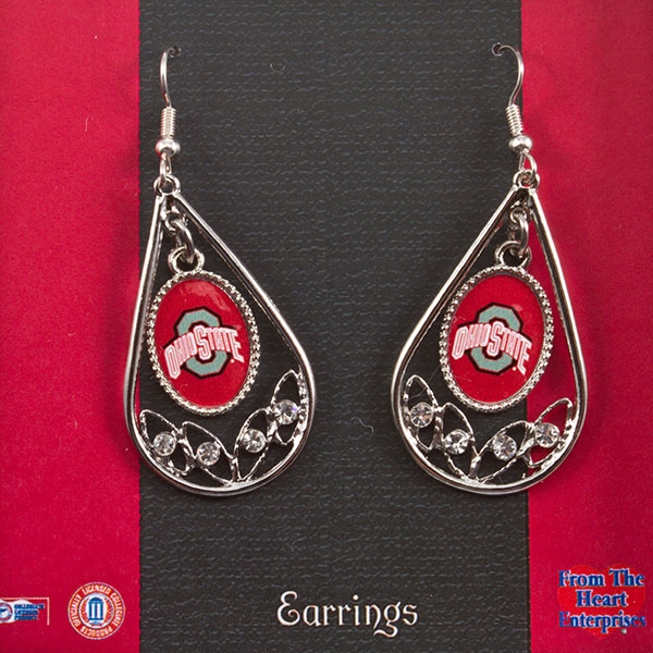 Wholesale silver teardrop earrings crystal rhinestones Ohio State logo