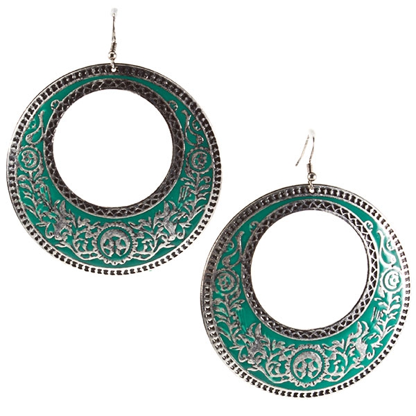 Wholesale silver hoop earrings silver fauna bas relief turquoise underlay