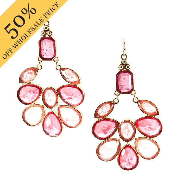 Wholesale gold trimmed earrings rose faceted acrylic gemstones inclusions inches