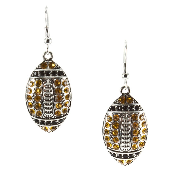Wholesale silver toned fishhook earrings football yellow black rhinestones