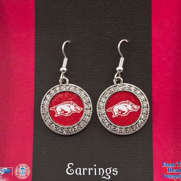 Wholesale silver toned Arkansas earrings crystal rhinestones surrounding logo
