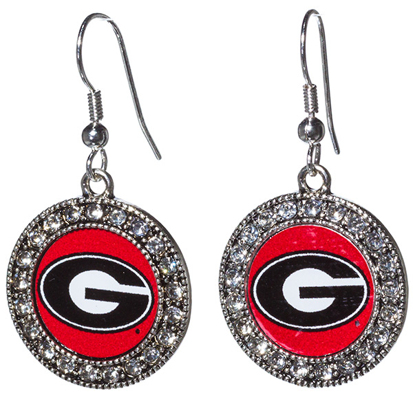 Wholesale silver toned Georgia earrings crystal rhinestones surrounding logo