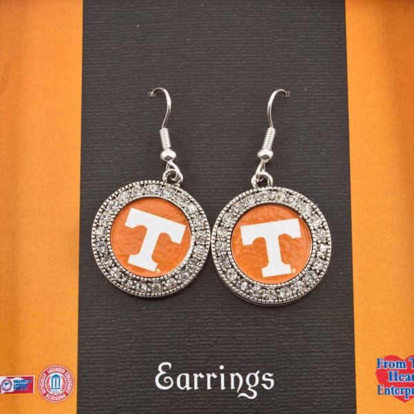 Wholesale silver toned Tennessee earrings crystal rhinestones surrounding logo