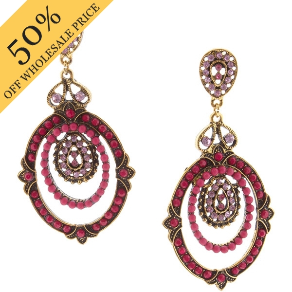 Wholesale silver dangling teardrop earrings pink beads rhinestones inches