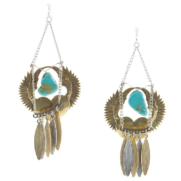 Wholesale inch silver earrings gold heart wings dangling turquoise stone