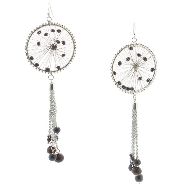 Wholesale silver wired hoop earrings tiny wooden beads Multi chain drops have at
