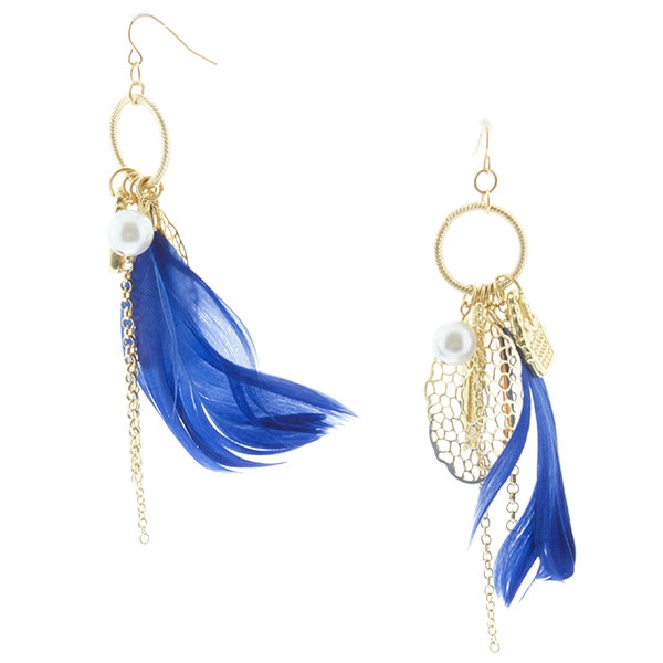 Wholesale gold ring dangling charms pink acrylic stone pearl bead blue feather O