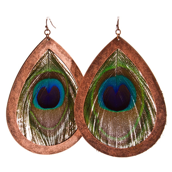 Wholesale peacock feather earrings encased rose gold brushed metal