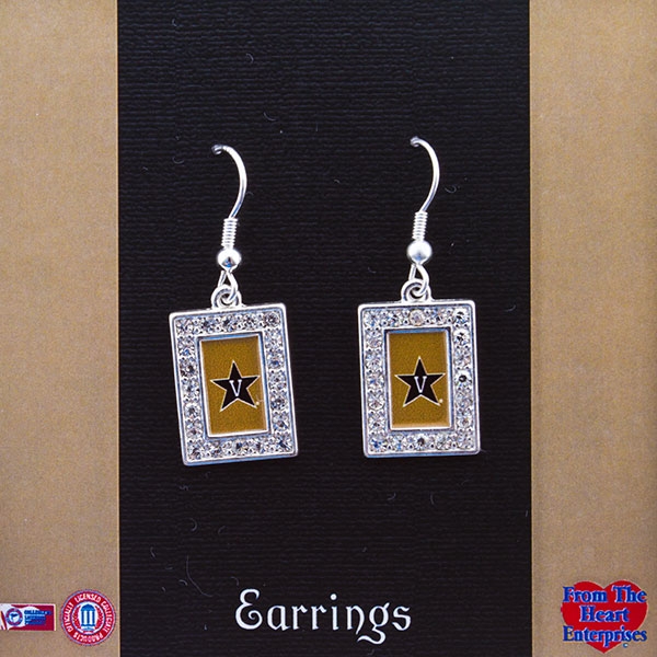 Wholesale vanderbilt silver earrings vertical block logo center framed crystal r