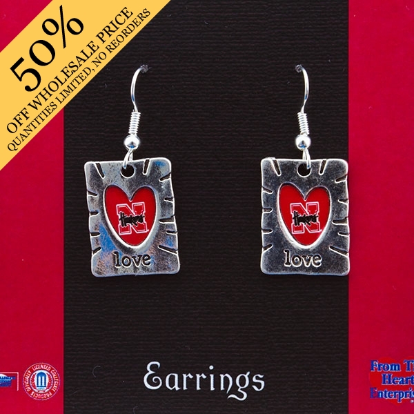 Wholesale polished silver rectangle Earrings heart cut out love inscribed below