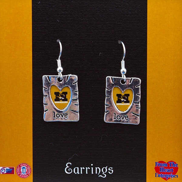 Wholesale polished silver rectangle Earrings heart cut out love inscribed below