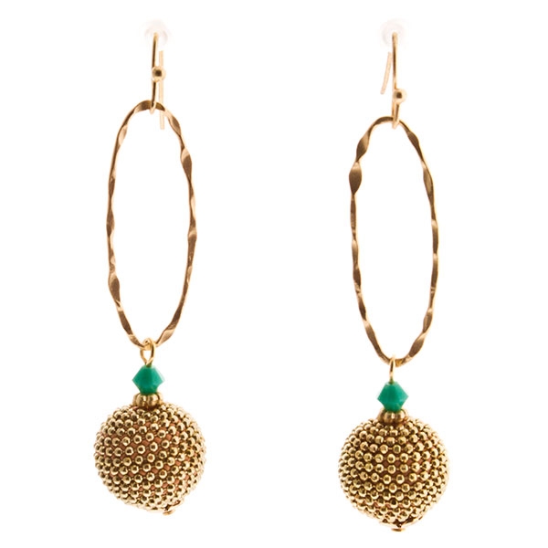 Wholesale golden elongated hoops beaded gold ball suspended jade green bi cone F