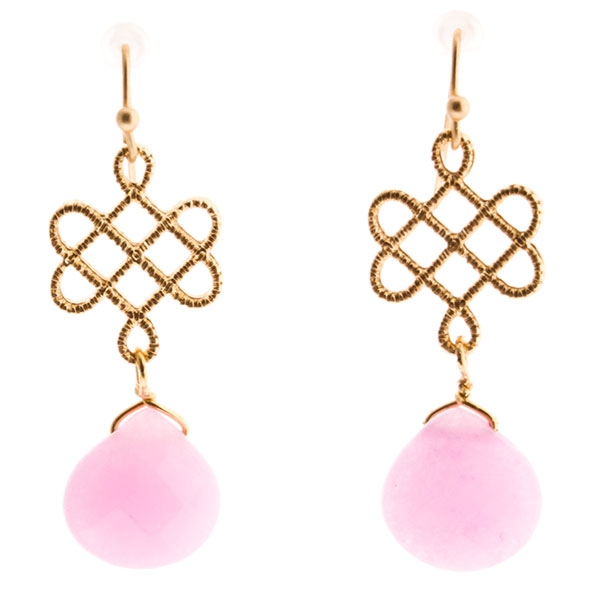 Wholesale gold toned earrings dangling pink stone