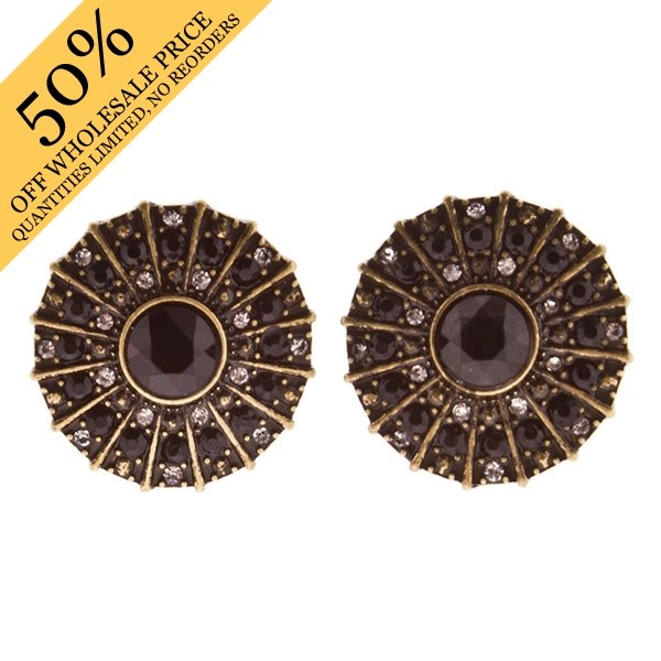Wholesale gold medallion earrings smokey inset center crystal jet rhinestones